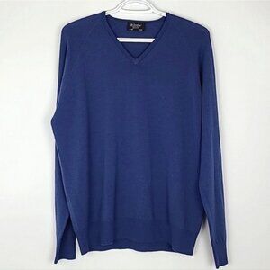 Glenbrae Men's Blue Merino Spirol V Neck Pullover Sweater Made in UK Size Small